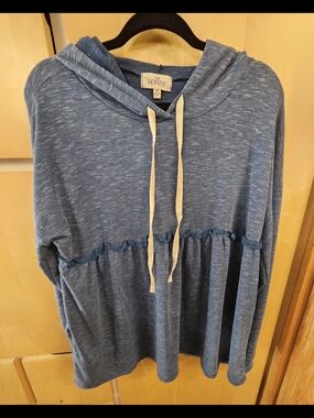 Hopely Teal Hooded Ruffle-Trim Pullover Top